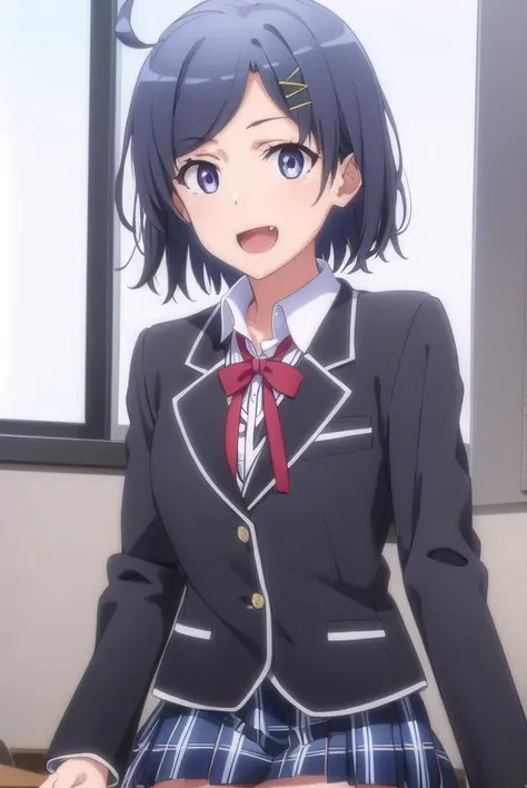 komachihikigaya, <lora:komachi hikigaya s2s3-lora-nochekaiser:1>,
komachi hikigaya, short hair, black hair, hair ornament, ahoge, hairclip, x hair ornament, (purple eyes:1.1), fang, smile, open mouth,
BREAK skirt, ribbon, school uniform, jacket, black jacket, plaid, plaid skirt, blazer, sobu high school uniform,
BREAK indoors, classroom,
BREAK looking at viewer,
BREAK <lyco:GoodHands-beta2:1>, (masterpiece:1.2), best quality, high resolution, unity 8k wallpaper, (illustration:0.8), (beautiful detailed eyes:1.6), extremely detailed face, perfect lighting, extremely detailed CG, (perfect hands, perfect anatomy),