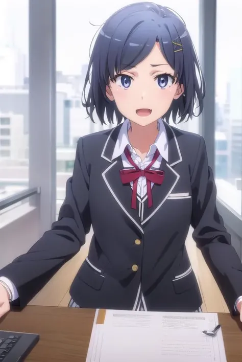 komachihikigaya, <lora:komachi hikigaya s2s3-lora-nochekaiser:1>,
komachi hikigaya, short hair, black hair, hair ornament, ahoge, hairclip, x hair ornament, (purple eyes:1.1), fang, smile, open mouth,
BREAK skirt, ribbon, school uniform, jacket, black jacket, plaid, plaid skirt, blazer, sobu high school uniform,
BREAK indoors, classroom,
BREAK looking at viewer,
BREAK <lyco:GoodHands-beta2:1>, (masterpiece:1.2), best quality, high resolution, unity 8k wallpaper, (illustration:0.8), (beautiful detailed eyes:1.6), extremely detailed face, perfect lighting, extremely detailed CG, (perfect hands, perfect anatomy),