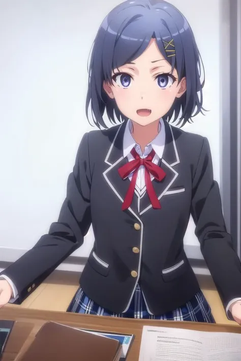 komachihikigaya, <lora:komachi hikigaya s2s3-lora-nochekaiser:1>,
komachi hikigaya, short hair, black hair, hair ornament, ahoge, hairclip, x hair ornament, (purple eyes:1.1), fang, smile, open mouth,
BREAK skirt, ribbon, school uniform, jacket, black jacket, plaid, plaid skirt, blazer, sobu high school uniform,
BREAK indoors, classroom,
BREAK looking at viewer,
BREAK <lyco:GoodHands-beta2:1>, (masterpiece:1.2), best quality, high resolution, unity 8k wallpaper, (illustration:0.8), (beautiful detailed eyes:1.6), extremely detailed face, perfect lighting, extremely detailed CG, (perfect hands, perfect anatomy),