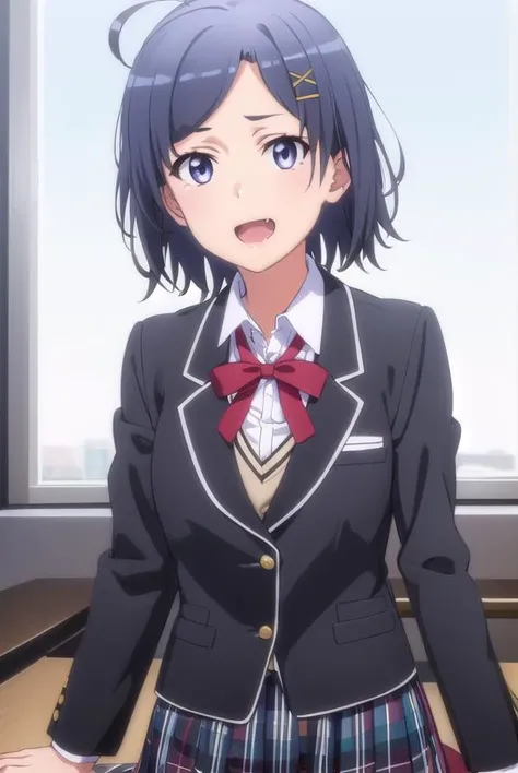 komachihikigaya, <lora:komachi hikigaya s2s3-lora-nochekaiser:1>,
komachi hikigaya, short hair, black hair, hair ornament, ahoge, hairclip, x hair ornament, (purple eyes:1.1), fang, smile, open mouth,
BREAK skirt, ribbon, school uniform, jacket, black jacket, plaid, plaid skirt, blazer, sobu high school uniform,
BREAK indoors, classroom,
BREAK looking at viewer,
BREAK <lyco:GoodHands-beta2:1>, (masterpiece:1.2), best quality, high resolution, unity 8k wallpaper, (illustration:0.8), (beautiful detailed eyes:1.6), extremely detailed face, perfect lighting, extremely detailed CG, (perfect hands, perfect anatomy),