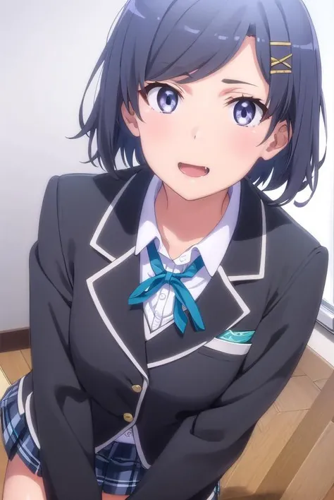 komachihikigaya, <lora:komachi hikigaya s2s3-lora-nochekaiser:1>,
komachi hikigaya, short hair, black hair, hair ornament, ahoge, hairclip, x hair ornament, (purple eyes:1.1), fang, smile, open mouth,
BREAK skirt, ribbon, school uniform, jacket, black jacket, plaid, plaid skirt, blazer, sobu high school uniform,
BREAK indoors, classroom,
BREAK looking at viewer,
BREAK <lyco:GoodHands-beta2:1>, (masterpiece:1.2), best quality, high resolution, unity 8k wallpaper, (illustration:0.8), (beautiful detailed eyes:1.6), extremely detailed face, perfect lighting, extremely detailed CG, (perfect hands, perfect anatomy),