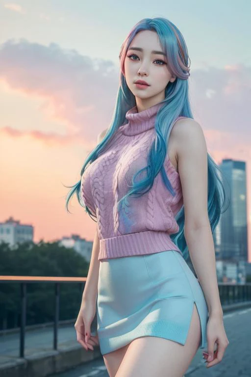 (cute russian girl running on footpath , (sleeveless sweater), micro miniskirt), (sweating:1.2), (wet), (full body:1.3) ,(1girl:1.3, solo:1.2), female focus, (white people:1.3), (pale skin:1.2), (beautiful, 21 years old:1.5),
slim, long legs, thigh highs, hairband, heart ring, central park,
perfect(face ,eyes , nose, hands , arms), detailed fingers, extremely detailed eyes and face, beautiful detailed nose, beautiful detailed eyes, K-pop idol vibes,
(RAW photo, best quality), (realistic, photo-realistic:2.0), extremely detailed, CG, unity , 8k wallpaper, Amazing, finely detail, (masterpiece:2.0, best quality), realistic, (real picture, intricate details, depth of field), soft light,
beautiful detailed girl, huge breasts, thick thighs, wide hips, small waist, tall, glossy pink lips, aqua eyes, (((long hair:1.2), (colorful gradient multi-colored sky blue hair), floating hair)), elegant ,slender figure, dynamic posture,