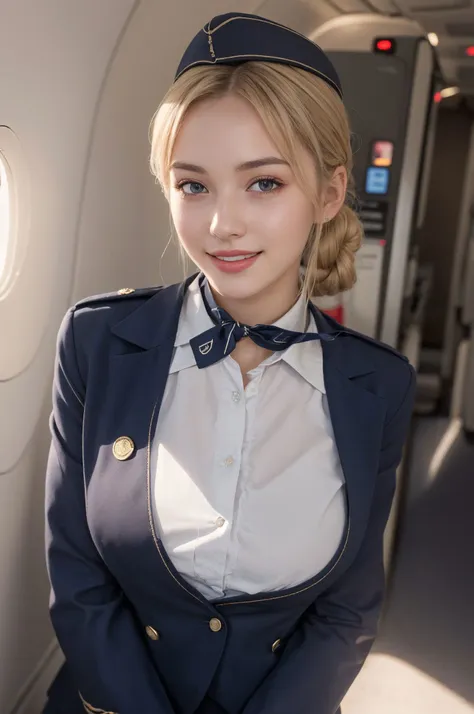 ,1 stewardess woman , russian girl, 21 years old, subsurface scattering, smiling, hair bun, blonde hair, bangs, stewardess, dark blue uniform, garrison cap, pantyhose, white gloves, (airplane cabin), <lora:RussianStewardess_v10:0.5> , light smiling,
(gorgeous beautiful 20 years old european girl),  ((best detailed slender body)),  (european idol, european beauty, european mixed),
,(wide hip:0.7, large breasts:0.8, perfect slender young girl body) , (tall_image:1.3)
,<lora:FilmVelvia3:0.3> 
,Perfectly glossy skin ,25 yo mature girl,
picture of a vivid, (masterpiece:1.2),(extremely detailed),(8k:1.1),(perfect lighting,best
quality,highres,original),(realistic photography:1.4),(tall image:1.5),
,high detailed skin,shaded
face, soft lighting, (small face), 
shiny_and_glossy_skin,RAW, ultra highres, pores visible,
(ultra realistic quality,highres,original),(realistic:1.4),(tall image:1.5),
,high detailed skin,shaded
face, soft lighting, (small face), 
shiny_and_glossy_skin,
 tone abs,depth of shadow