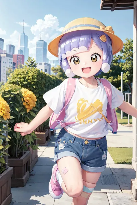 <lora:0 puniru:1>,puniru,1girl,female ,tentacle hair,blunt bangs,short hair,light purple hair,print t-shirt,denim_shorts,socks,sneakers,bandaid on knee,slime,<lora:kiirobou:1>,kiirobou,hat,<lora:backpack:1>,backpack,looking_at_viewer,:d,upper_body,running,