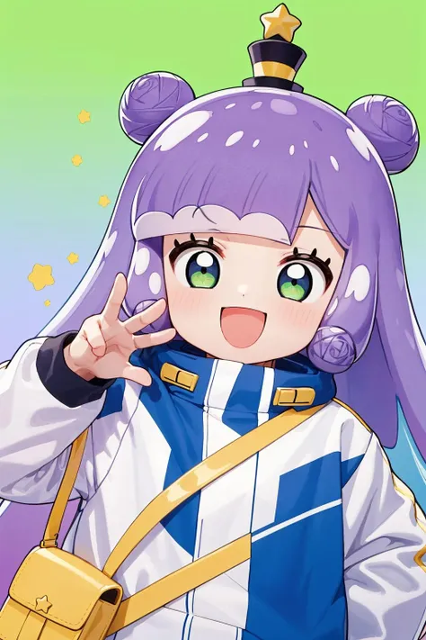 <lora:0 puniru:1>,puniru,petite,child,slime girl,light purple hair,long hair,grey gradient hair,multicolored hair,blunt bangs,double bun,blue hair,green eyes,star (symbol),mini top hat,jacket,shorts,sneakers,shoulder bag,1girl,solo,:d,looking_at_viewer,portrait,posing,