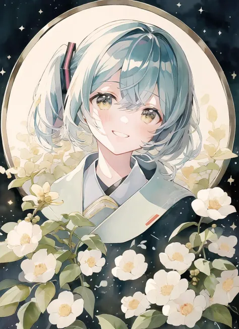 (masterpiece), (best quality),(miku),1girl,upper body,blush, cinematic angle ,grin, (by yukoring:0.9),(by belldelphine:0.8),flowers,night