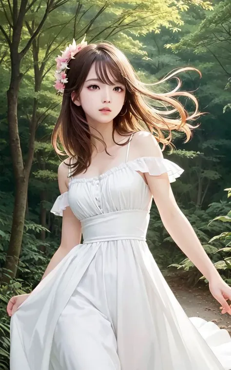 no human background only, floating (detailed light) floating hair glowing eyes leaves, ((wind)) nature (sunlight) river (forest) (bloom), +++ extremely quality, high detailed, anime coloring illustration game cg contrapposto <lora:_flat2:0.3:ALL> ++ Faint lips,UC:realistic cute anime face cinematic angle Girl at the front single focus dynamic pose