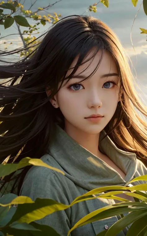 no human background only, floating (detailed light) floating hair glowing eyes leaves, ((wind)) nature (sunlight) river (forest) (bloom)