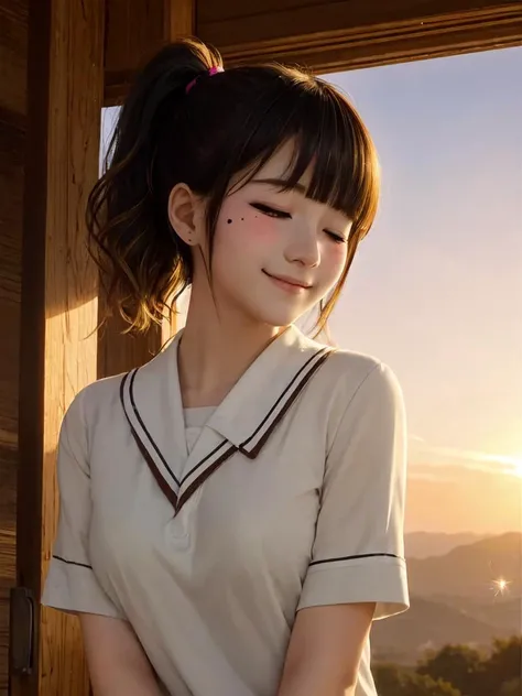 +++
iridescence eyes,
clear yellow hair,
short hair ,
side ponytail,
wavy hair ,
blunt bangs,
sideburns ,
closed eyes smile:1.2,
nose blush ,
+++, kawaii petite minor 1girl 13yo eyeliner skindantation (a mole under the right eye) large breasts (eyes visible through hair) +++, warm light sunset, rays light sparkles lens flare deep shadows, depth of field peerless scenery sentimental, school uniform, brown pantyhose