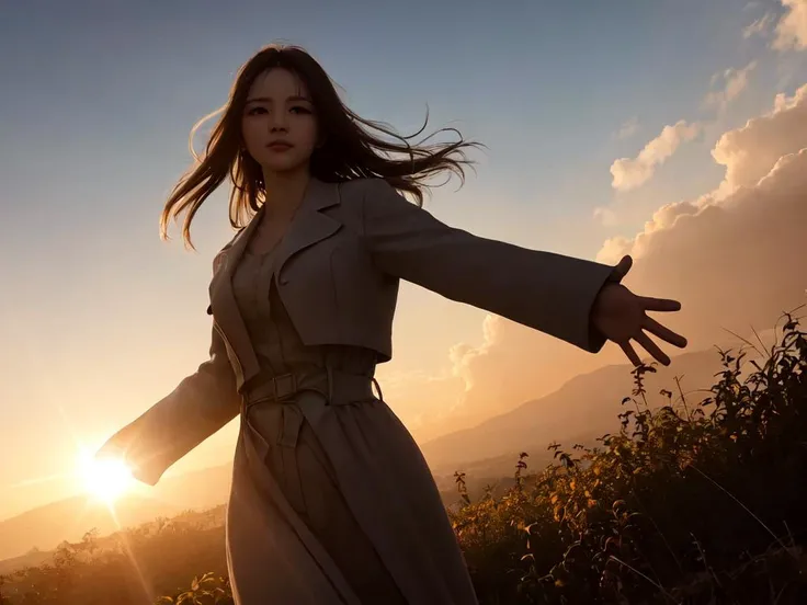 energy plant, warm light sunset, rays light sparkles lens flare deep shadows, depth of field peerless scenery sentimental, extremely quality high resolution, magnificent photo realistic ray trace cinematic lighting cinematic angle Girl at the front dynamic pose