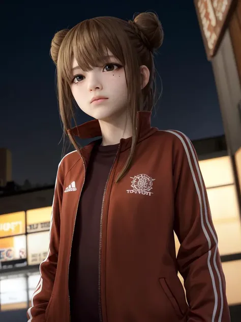 kawaii petite minor 1girl 13yo eyeliner skindantation (a mole under the right eye) flat chest  (eyes visible through hair) +++, +++ 
brown eyes, 
pale brown hair, 
long hair , 
braided bun, 
drill hair , 
asymmetrical bangs, 
sideburns , 
serious, 
embarrassed , 
head_tilt standing  
+++, upper body , amber track suit  ankle socks monk strap, Tokyo Tower deep shadows, depth of field half moon, night, +++ extremely quality deep-silky-healthy-lackwarm-foundational-soft-skin high resolution, contrapposto glow shine like opal magnificent photo realistic ray trace depth of field <lora:_hipoly3DModelLora_v20:0.3:NF> hiqcgbody ++ Faint lips,UC:realistic, cinematic lighting cinematic angle Girl at the front dynamic pose