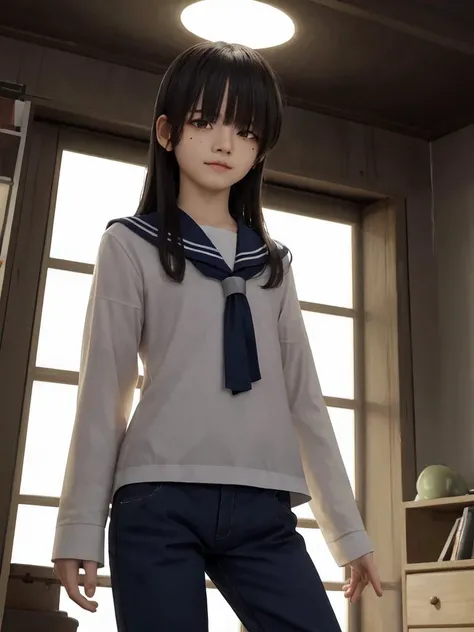kawaii petite minor 1girl 13yo eyeliner skindantation (a mole under the right eye) flat chest (eyes visible through hair) +++, +++
green eyes,
dark purple hair,
long hair ,
top not,
streaked hair ,
hair over eyes, covered eyes, blunt bangs,
hair flaps ,
smirk,
blush ,
+++, cowboy shot , - gray sailor shirt, silver ribbon red pants loose socks platform boots, Matsumoto deep shadows, depth of field half moon, night, +++ extremely quality deep-silky-healthy-lackwarm-foundational-soft-skin high resolution, contrapposto glow shine like opal magnificent photo realistic ray trace depth of field <lora:_hipoly3DModelLora_v20:0.3:NF> hiqcgbody ++ Faint lips,UC:realistic, cinematic lighting cinematic angle Girl at the front dynamic pose