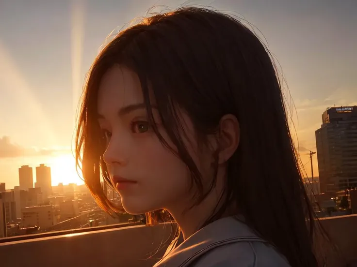 City cars Headlights Tail lamps Traffic jam Bill, warm light sunset, rays light sparkles lens flare deep shadows, depth of field peerless scenery sentimental, extremely quality high resolution, magnificent photo realistic ray trace cinematic lighting cinematic angle Girl at the front dynamic pose