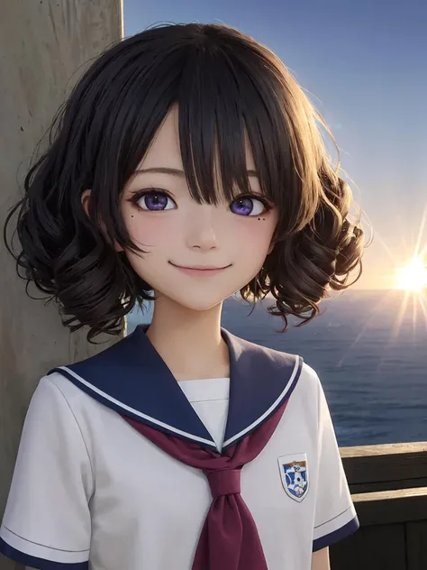 +++
purple eyes,
dark green hair,
short hair ,
afro twin tail,
drill hair ,
swept bangs,
sideburns ,
grin,
,
+++, kawaii petite minor 1girl 13yo eyeliner skindantation (a mole under the right eye) medium breasts  (eyes visible through hair) +++, warm light sunset, rays light sparkles lens flare deep shadows, depth of field peerless scenery sentimental, school uniform, navy  thighhighs