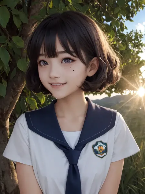+++
purple eyes,
dark green hair,
short hair ,
afro twin tail,
drill hair ,
swept bangs,
sideburns ,
grin,
,
+++, kawaii petite minor 1girl 13yo eyeliner skindantation (a mole under the right eye) medium breasts (eyes visible through hair) +++, warm light sunset, rays light sparkles lens flare deep shadows, depth of field peerless scenery sentimental, school uniform, navy thighhighs