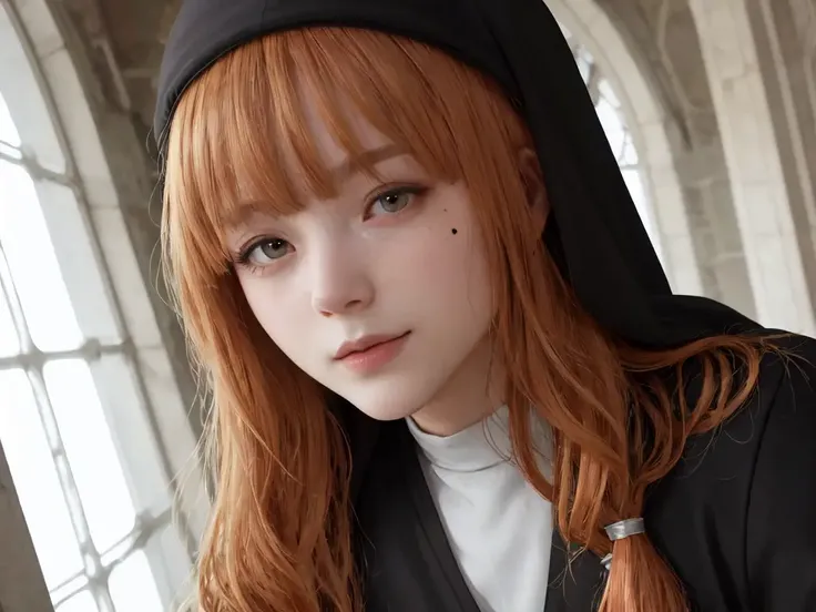 cute girl photo realistic, kawaii petite minor 1girl 13yo eyeliner skindantation (a mole under the right eye) medium breasts  (eyes visible through hair) +++, +++ 
orange eyes, 
vivid green hair, 
medium hair , 
french braid, 
drill hair , 
hair over eyes, covered eyes, blunt bangs, 
sideburns , 
giggling, 
, 
+++, portrait , +++ extremely quality deep-silky-healthy-lackwarm-foundational-soft-skin high resolution, contrapposto glow shine like opal magnificent photo realistic ray trace depth of field <lora:_hipoly3DModelLora_v20:0.3:NF> hiqcgbody ++ Faint lips,UC:realistic, cinematic lighting cinematic angle Girl at the front dynamic pose, nun Monastic clothes frock, Gaslight, glare, window light, perfect darkness, perfect shadow, fantasy city, in the square of the castle town, outdoor, in medieval main street