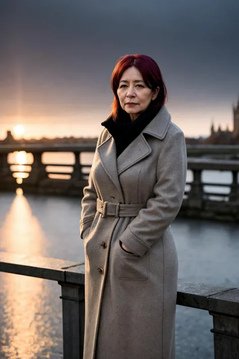 middle-aged english woman standing on a bridge looking over the edge. dawn, autumnal. volumetric light. cold, overcoat. 35mm f/1.8 bokeh, shallow depth of field.