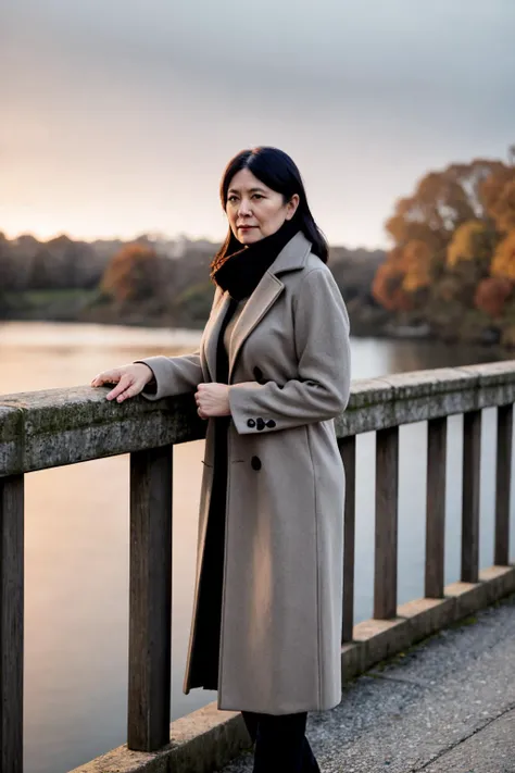 middle-aged english woman standing on a bridge looking over the edge. dawn, autumnal. volumetric light. cold, overcoat. 35mm f/1.8 bokeh, shallow depth of field.