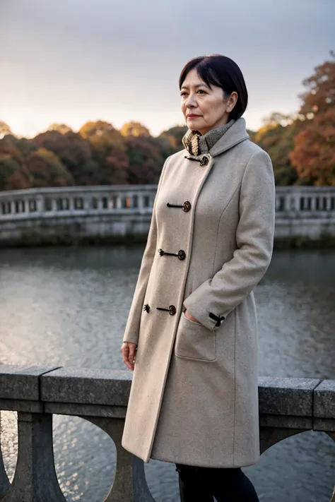 middle-aged english woman standing on a bridge looking over the edge. dawn, autumnal. volumetric light. cold, overcoat. 35mm f/1.8 bokeh, shallow depth of field.