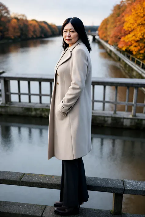 middle-aged english woman standing on a bridge looking over the edge. dawn, autumnal. volumetric light. cold, overcoat. 35mm f/1.8 bokeh, shallow depth of field.
