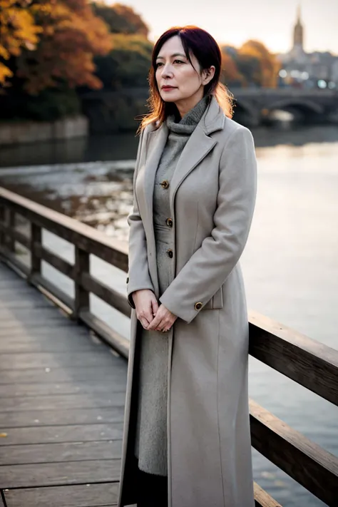 middle-aged english woman standing on a bridge looking over the edge. dawn, autumnal. volumetric light. cold, overcoat. 35mm f/1.8 bokeh, shallow depth of field.