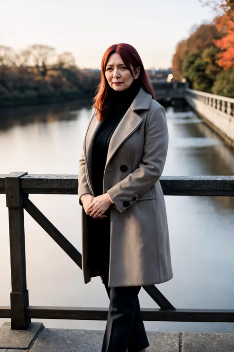 middle-aged english woman standing on a bridge looking over the edge. dawn, autumnal. volumetric light. cold, overcoat. 35mm f/1.8 bokeh, shallow depth of field.