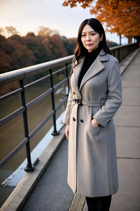 middle-aged english woman standing on a bridge looking over the edge. dawn, autumnal. volumetric light. cold, overcoat. 35mm f/1.8 bokeh, shallow depth of field.