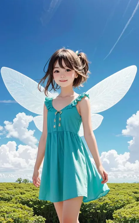 clay art, cute ((small))  small scale micro_body_size small_scale petite ((Height:20cm)) fairy girl ((fairy_4wings)) (((girl is flying in the sky))) 10years old green dress blouse, glistening skin eyeliner small breasts skindantation shiny hair shiny skin  ([partially gradient multicolored [[blond::0.9]:rainbow] medium hair  ]) green eyes ((eyes visible through hair)) kind smile floating fly