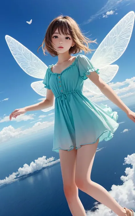 clay art, cute ((small))  small scale micro_body_size small_scale petite ((Height:20cm)) fairy girl ((fairy_4wings)) (((girl is flying in the sky))) 10years old green dress blouse, glistening skin eyeliner small breasts skindantation shiny hair shiny skin  ([partially gradient multicolored [[blond::0.9]:rainbow] medium hair  ]) green eyes ((eyes visible through hair)) pupils sparkling floating fly