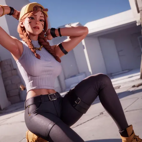 1girl, solo, masterpiece, best quality, dynamic lighting, normal breasts, 
<lora:fnAura_v1.1:0.5>, fnaura, headwear, pants, necklace, twin braids, facemarks,