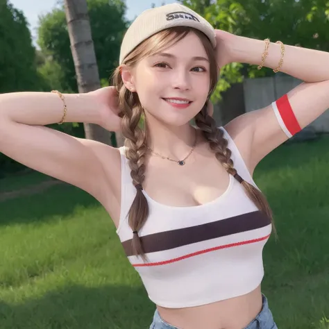 1girl, solo, masterpiece, best quality, highres, absurdres dynamic lighting, (realistic:1.1), photo realistic, 8k, normal breasts, (smile:0.7),
backwards hat, twin braids, chain necklace, (stripe:0.8), white crop top, brown hair, short shorts, bangs
<lora:koreandolllikeness_V10:0.2> <lora:taiwanDollLikeness_v10:0.2> <lora:japaneseDollLikeness_v10:0.1>