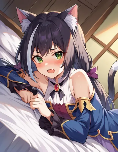 1girl, karyl, animal ear fluff, animal ears, black hair, black ribbon, cat ears, cat girl, cat tail, fang, green eyes, hair bow, long hair, low twintails, multicolored hair, purple bow, ribbon, skin fang, streaked hair, tail, twintails, vertical stripes, white hair, anal sex, anal juice, [[shit]], penis, torogao, closed eyes