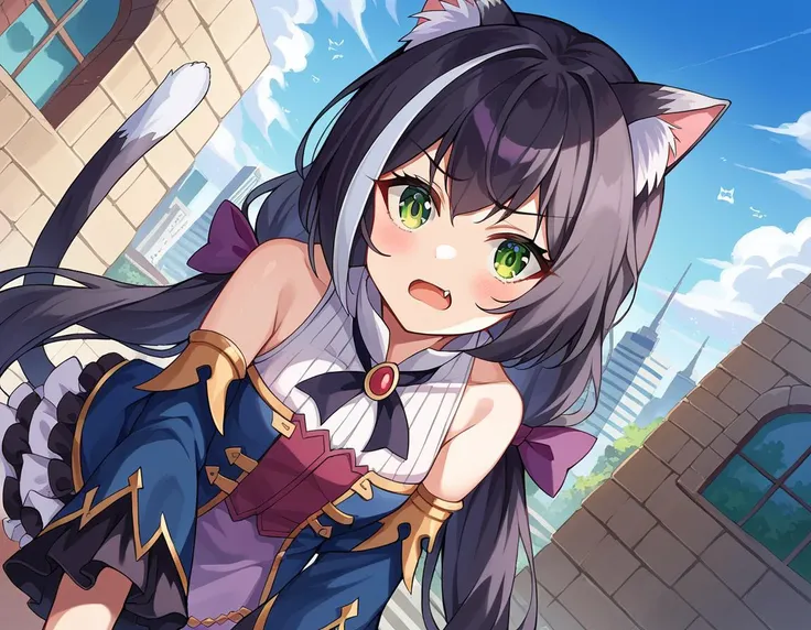 score_9, score_8_up, score_7_up, source_anime,
princessconnectkaryl, <lora:princess-connect-karyl-ponyxl-lora-nochekaiser:1>
karyl, animal ear fluff, animal ears, black hair, black ribbon, cat ears, cat girl, cat tail, fang, green eyes, hair bow, long hair, low twintails, multicolored hair, purple bow, ribbon, skin fang, streaked hair, tail, twintails, vertical stripes, white hair,
arm support, blue sleeves, bow, brooch, detached sleeves, dress, frilled sleeves, frills, multicolored clothes, multicolored dress, neck ribbon, sleeveless, sleeveless dress, striped,
outdoors, cityscape, bent over,
looking at viewer, dutch angle, cowboy shot