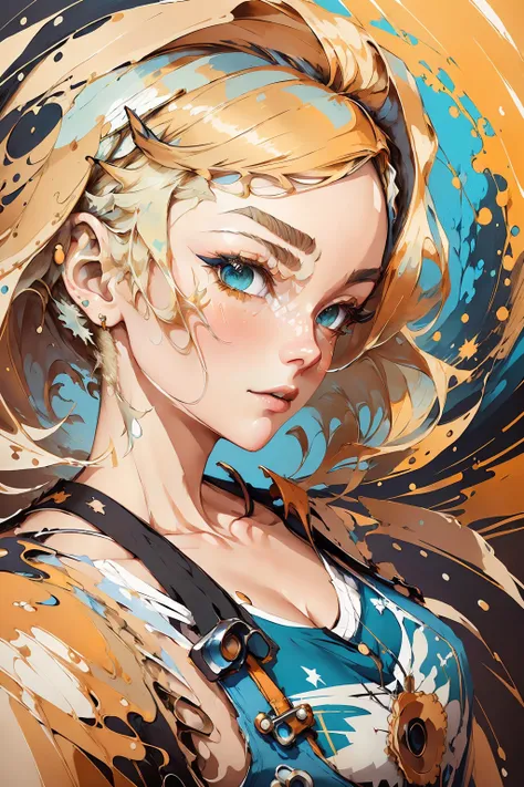 splash00d, art by Bella Kotak,art by Margaret Keane, selfie shot angle of a Literal Thundering Nigerian eliza coupe, wearing Handsome Overalls and t-shirt, Blonde hair styled as Side part, F/8, Colorless, <lora:splash00d-000008:1.2>