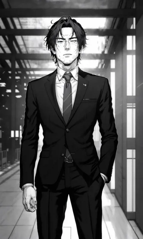 HiroyaOku2023, 1 man in business suit, uhd, 8k, best quality, masterpiece, black and white illustration, manga