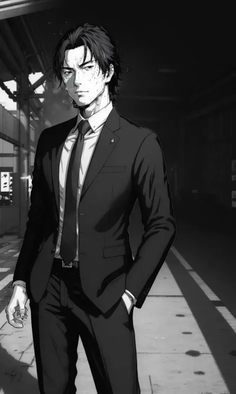 HiroyaOku2023, 1 man in business suit,  uhd, 8k, best quality, masterpiece, black and white illustration, manga