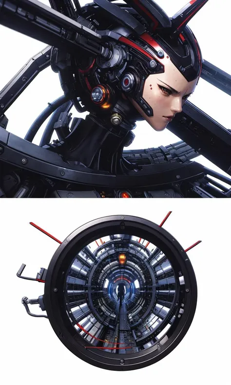 HiroyaOku2023, cyborg, splitting open, mechanical parks, uhd, 8k, best quality, masterpiece, illustration, manga, otherworldly, white background,