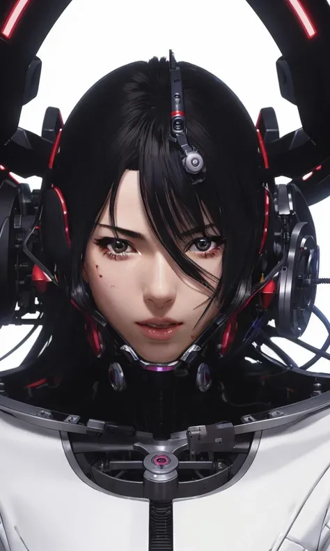 HiroyaOku2023, dissected  cyborg, splitting open, mechanical parts, uhd, 8k, best quality, masterpiece, illustration, manga, white background, 1 girl