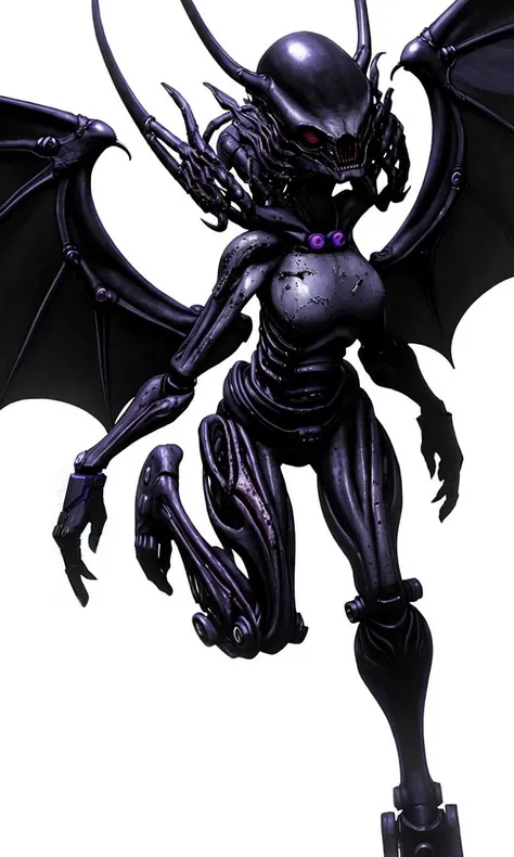 HiroyaOku2023, 1girl, female monster creature walking, fantasy, uhd, 8k, best quality, masterpiece, black and white illustration, manga, horror, deformed, grotesque, falling apart, odd creature, skinny, humanoid, 4 arms, 3 fingers, alien, action shot, claws, bio-mechanical, bat wings,