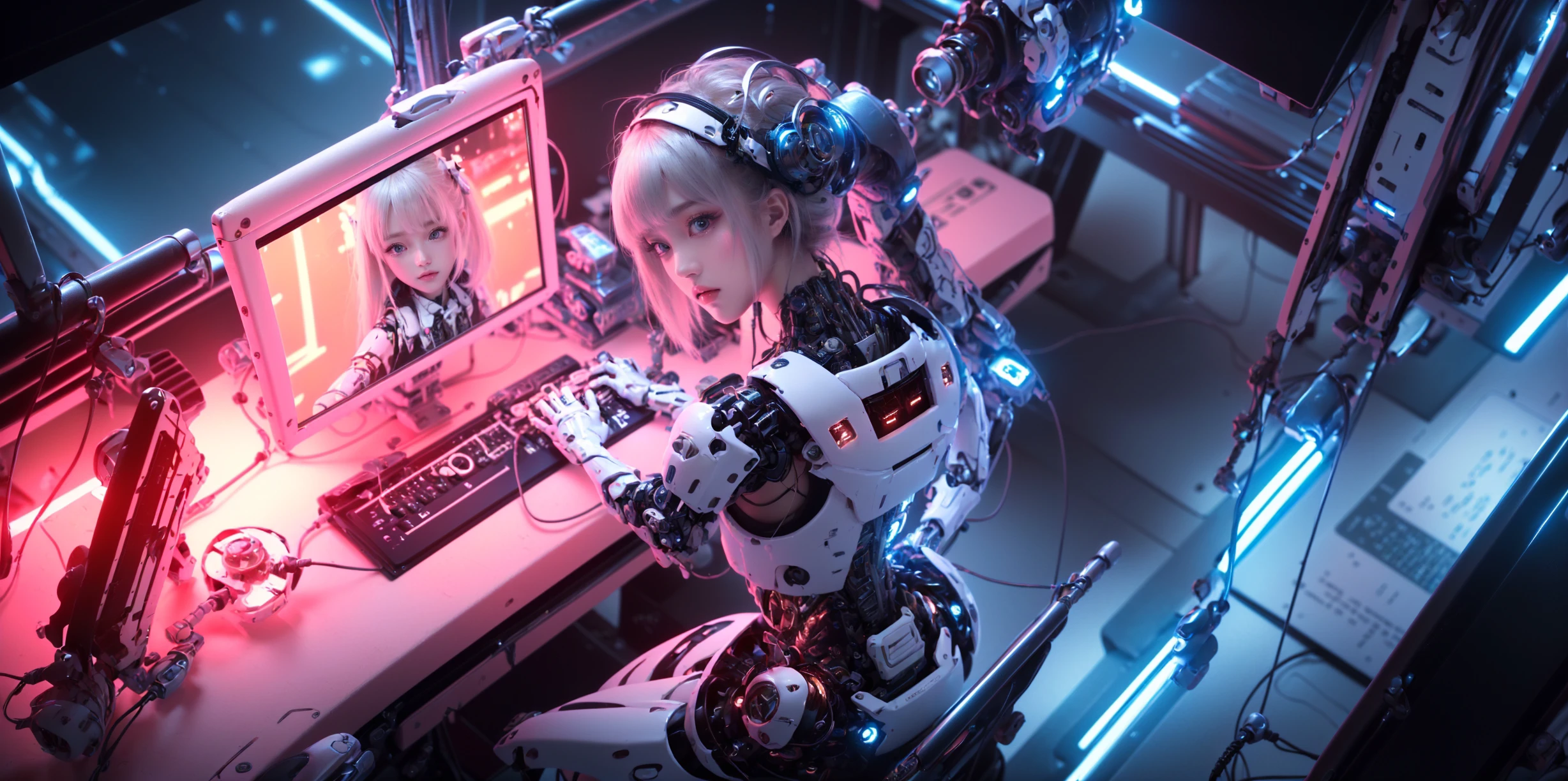 (face visible through_screen,computer, desk, monitor, tabletop, keyboard:1.5), medium breasts, (wide shot, wide-angle lens,Panoramic:1.2),super vista, super wide AngleLow Angle shooting, super wide lens,Dynamic Angle, Perspective, High Point,pov(back:1.4), (from above:1.4),
((masterpiece))), (((best quality))), ((super detailed)), (highly detailed computer illustration), ((extremely delicate and beautiful)),
cinematic light, ((1 mechanical girl )), (solo:1.5), (mechanical joints:1.2),, (((lighting))), (cables: 1.2), (((future))), ((cyborg)), futurism
no expression,(wires and cables attached to the neck:1.2),(wires and cables on the head:1.2)(character focus),((sci-fi)),extremely detailed, as detailed as possible,
<lora:~Q?-[SZ\Ys robotic girl:0.8>low twintails,split-color hair,gradient hair,