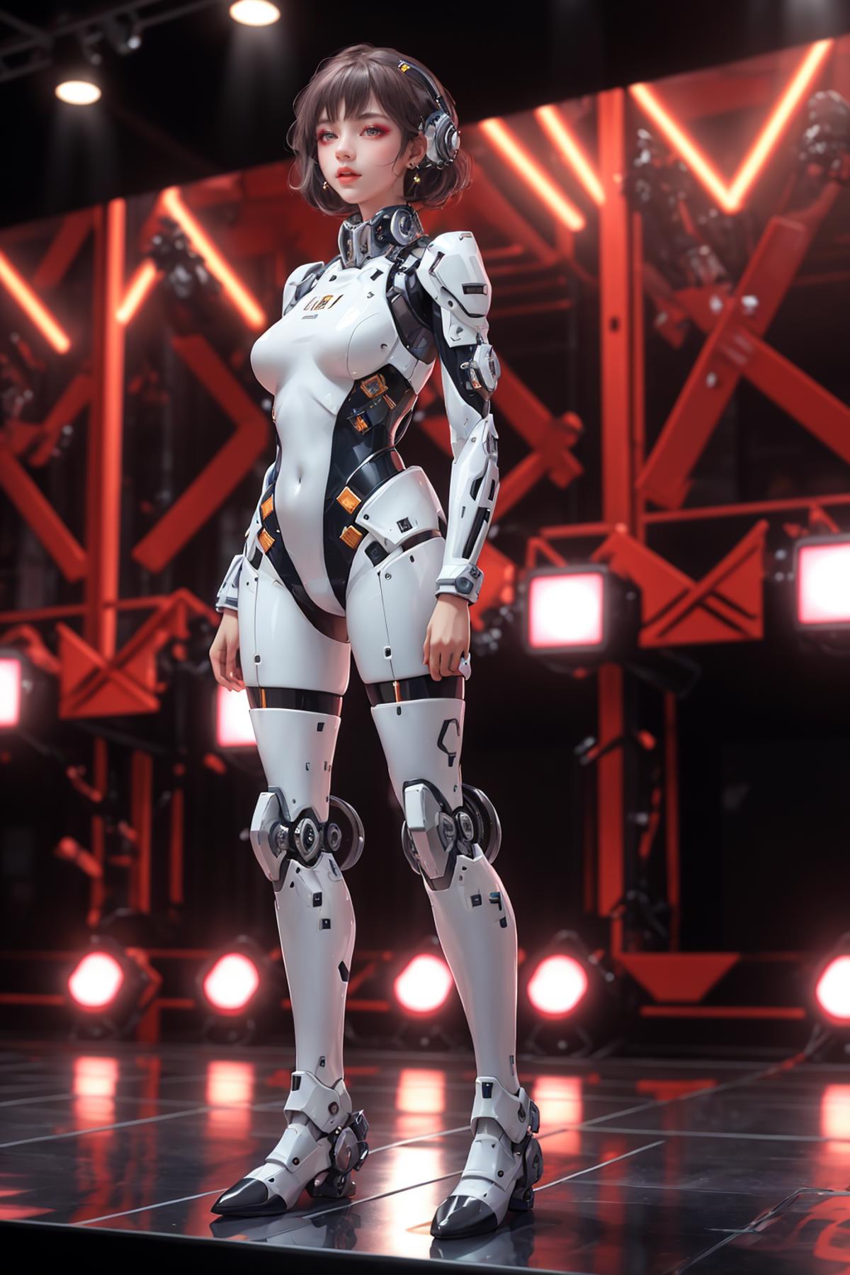 A woman in a futuristic suit standing on a stage - SeaArt AI