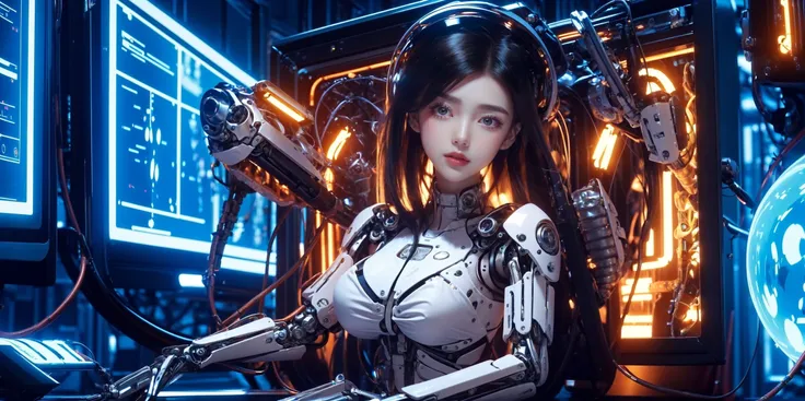 (face visible through_screen,computer, desk, monitor, tabletop, keyboard:1.6), medium breasts, (wide shot, wide-angle lens,Panoramic:1.2),super vista, super wide AngleLow Angle shooting, super wide lens,
((masterpiece))), (((best quality))), ((super detailed)), (highly detailed computer illustration), ((extremely delicate and beautiful)),
cinematic light, ((1 mechanical girl )), solo, (mechanical joints:1.2),, (((lighting))), (cables: 1.2), (((future))), ((cyborg)), futurism
<lora:~Q?-[SZ\Ys robotic girl:0.7>  <lora:Q\O^Uv2:0.9>