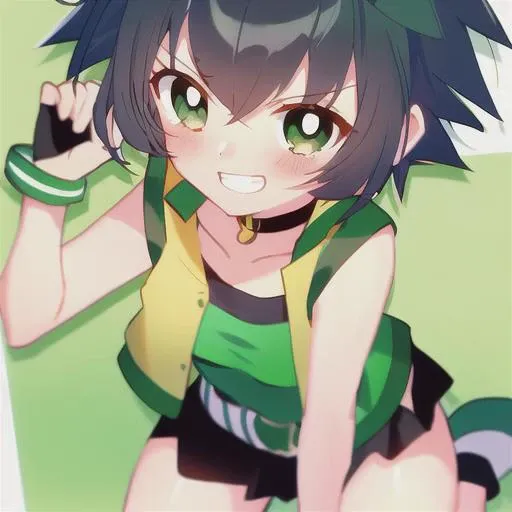 <lora:docinho-04:1>, ppgz, black short hair, choker, (sleeveless green jacket), v eyebrows, full body, smile, teeth, ((blushing)), lying