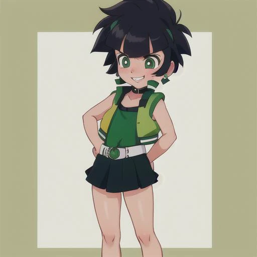 <lora:docinho-04:1>, ppgz, black short hair, choker, (sleeveless green jacket), v eyebrows, full body, smile, teeth, ((blushing)), standing, ((back view))