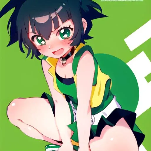 <lora:docinho-04:1>, ppgz, black short hair, choker, (sleeveless green jacket), v eyebrows, full body, smile, teeth, open mouth, ((blushing)), squatting, pov
