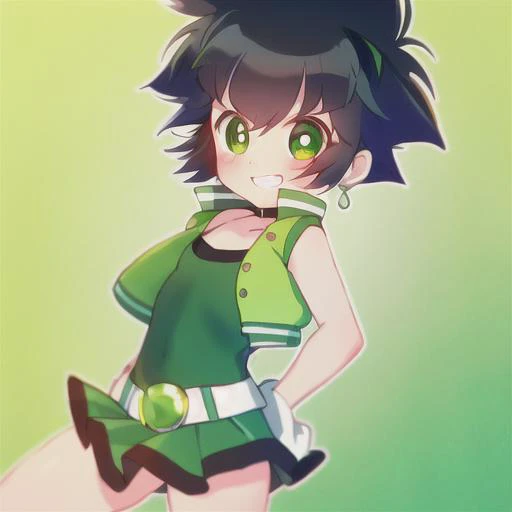 <lora:docinho-04:1>, ppgz, black short hair, choker, (sleeveless green jacket), v eyebrows, full body, smile, teeth, ((blushing)), standing, ((back view))