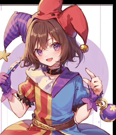 1boy, solo, brown hair, purple eyes, short shaggy hair, jester, :D, waist-up, <lora:CourtJester:0.8>, JesterCh, jester cap, circus, happy, <lora:morning_glory:0.75>