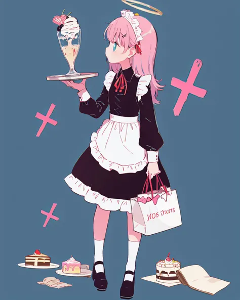 1girl, solo, pink hair, long hair, holding bag, apron, food, holding, long sleeves, bag, ribbon, halo, red ribbon, maid headdress, dress, neck ribbon, aqua background, cross, maid, shoes, waist apron, white apron, ice cream, simple background, profile, full body, standing, mary janes, blue background, cake, frills, cupcake, shopping bag, frilled apron, tray, bangs, english text, flower, striped <lora:morning_glory:1>