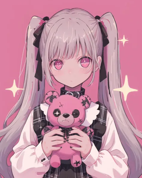 1girl, solo, stuffed toy, twintails, stuffed animal, pink background, upper body, long hair, teddy bear, long sleeves, bow, pink eyes, holding, sparkle, collar, plaid, heart, grey hair, red eyes, white hair, simple background, ribbon, english text, bangs, hair bow, plaid dress<lora:LohaMorningGlory_lohaV10:1>