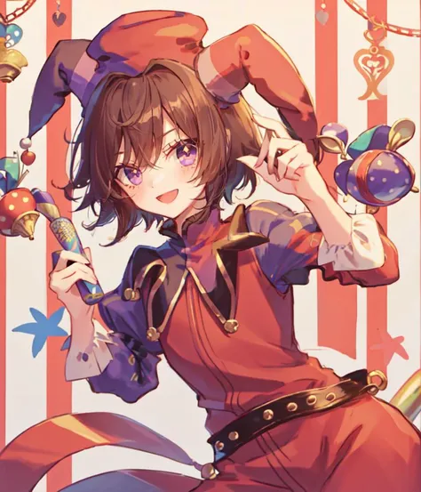 1boy, solo, brown hair, purple eyes, short shaggy hair, jester, :D, waist-up,  <lora:CourtJester:0.8>, JesterCh, jester cap, circus, happy,  <lora:morning_glory:0.75>